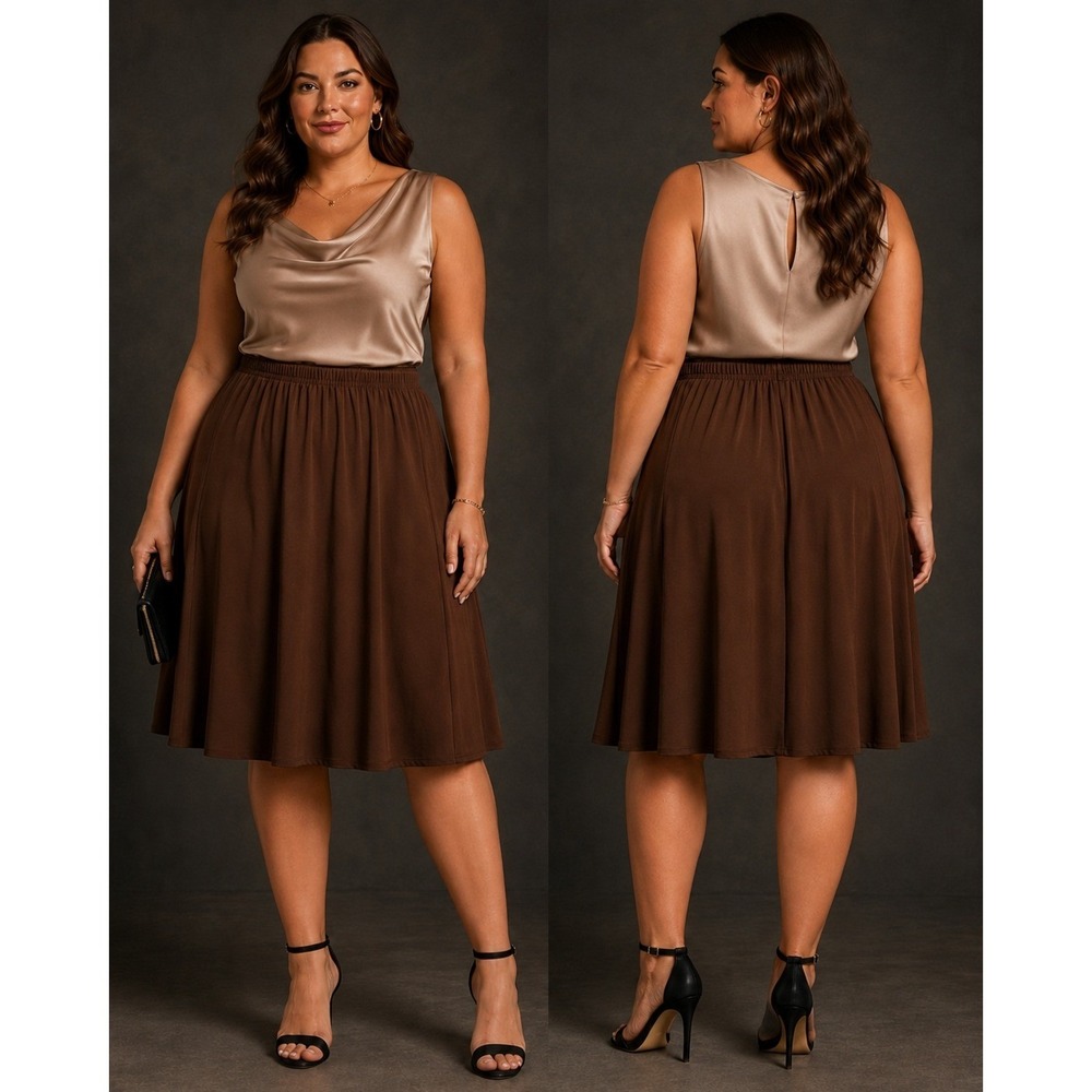 KC Stevens A-Line Skirt Womens 2X Brown Elastic Waist Midi
